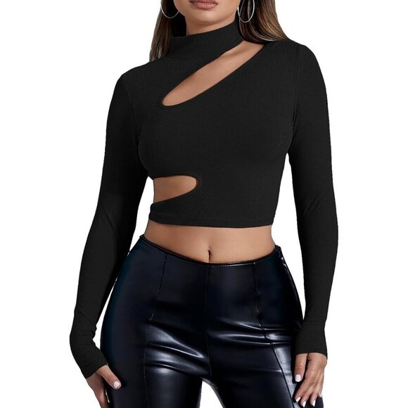 Shirts Women Black Cutout Mock Neck Long Sleeve Crop Tee Shirts Tops - Picture 1 of 7